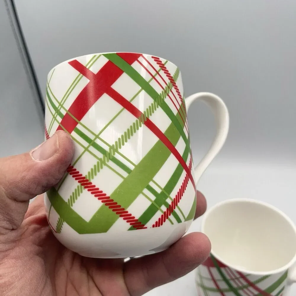 Crate & Barrel Red & Green Plaid Christmas Holiday Cups Mugs ~ Set of 2